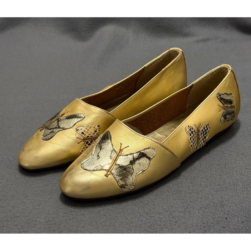 G.J. Valenci Womens sz 6M Gold Metallic Leather Butterfly Applique Flats Unique